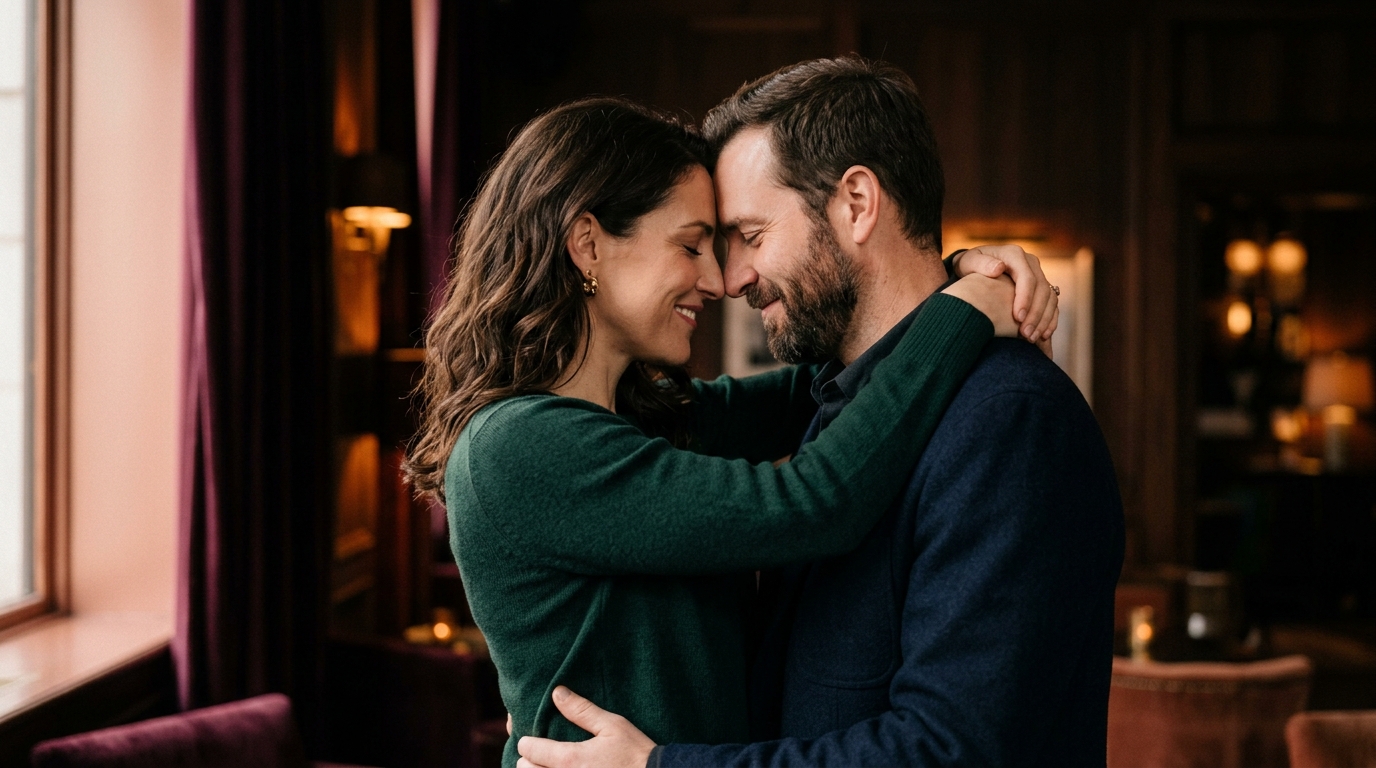 Casal reconectando com carinho e cumplicidade